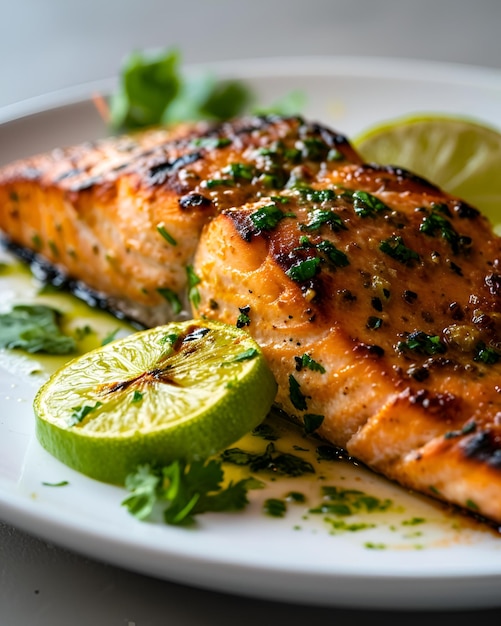 Salmón a la parrilla con lima y cilantro sobre plato blanco curvo