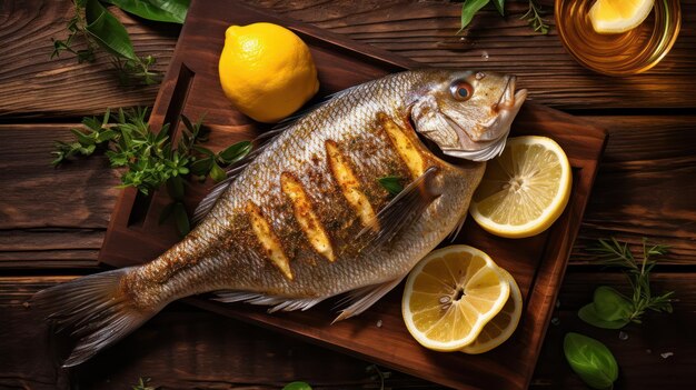 salmón a la parrilla con limón en una tabla de madera