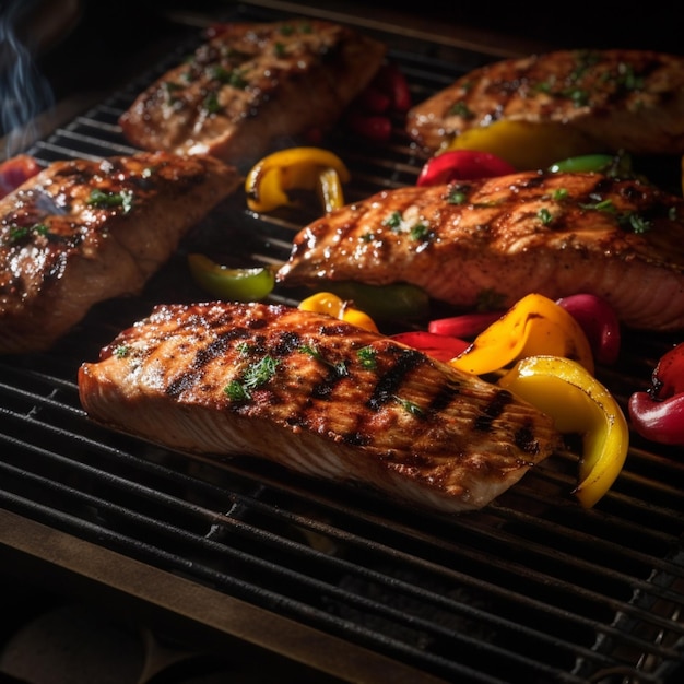 Salmón a la parrilla con pimientos y pimientos