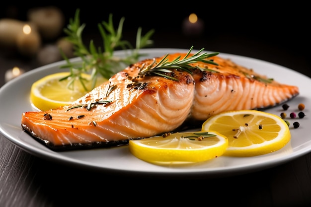 Salmón a la parrilla Un plato de salmón con rodajas de limón