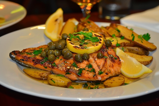 Salmón a la parrilla con salsa de mantequilla de limón y alcaparras