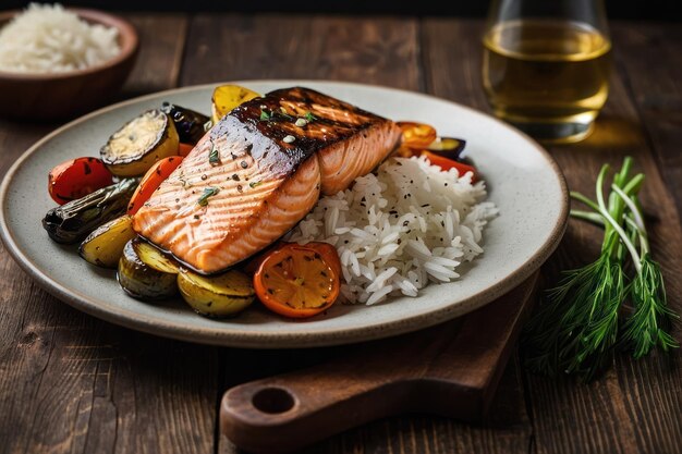 Salmón a la parrilla con verduras asadas y arroz