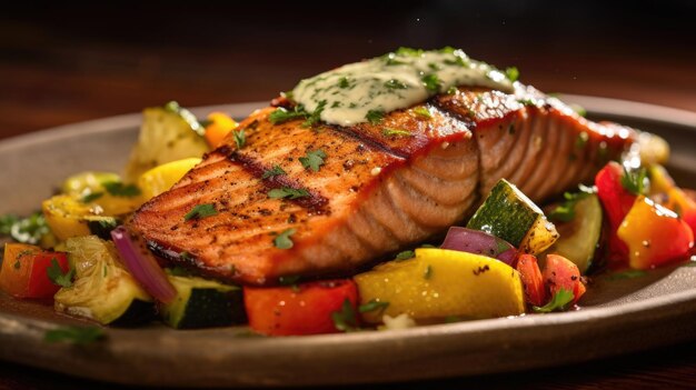 Foto salmón a la parrilla con verduras coloridas y salsa de hierbas de limón en el restaurante generative ai