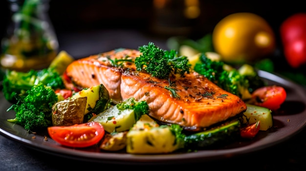 Salmón a la parrilla con verduras plato de dieta ceto Generativo Ai