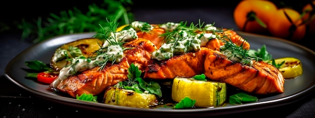 Salmón a la parrilla con verduras plato de dieta ceto Generativo Ai