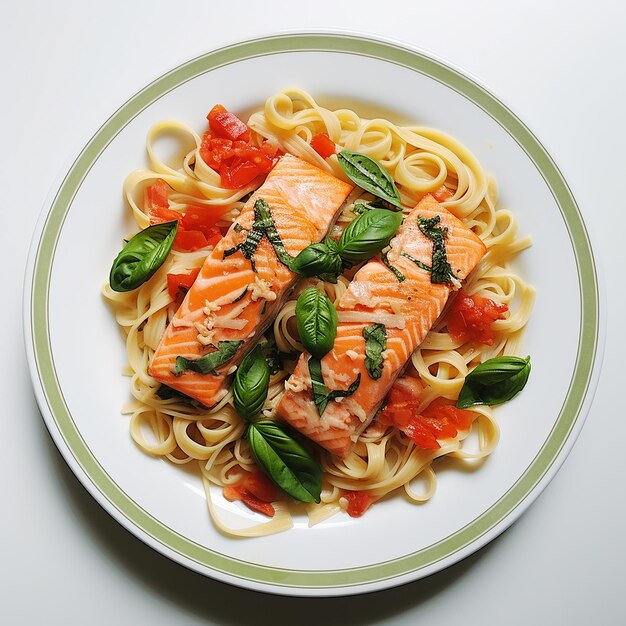 Foto salmón con pasta de tomate en un plato