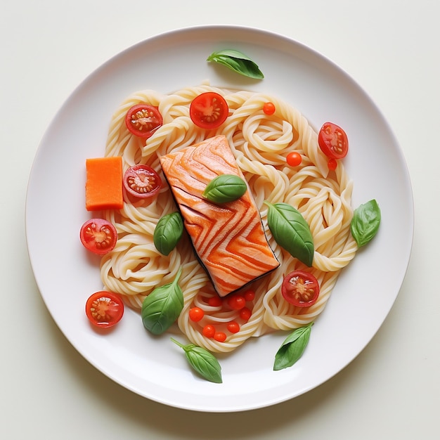 Salmón con pasta y tomate en un plato