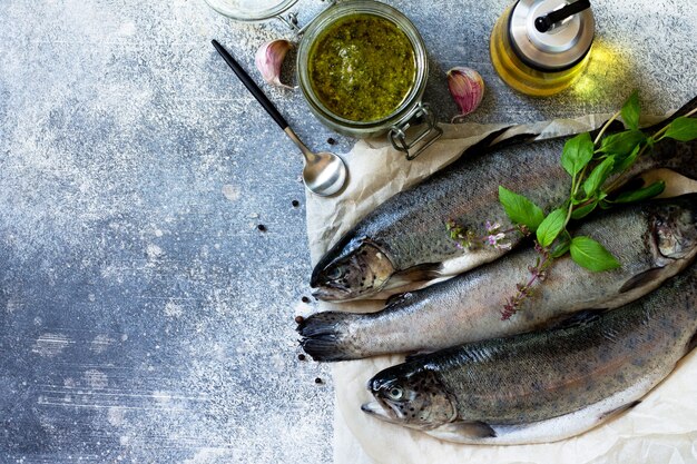 Salmón Pescado de salmón crudo fresco con salsa pesto y especias culinarias Vista superior plana