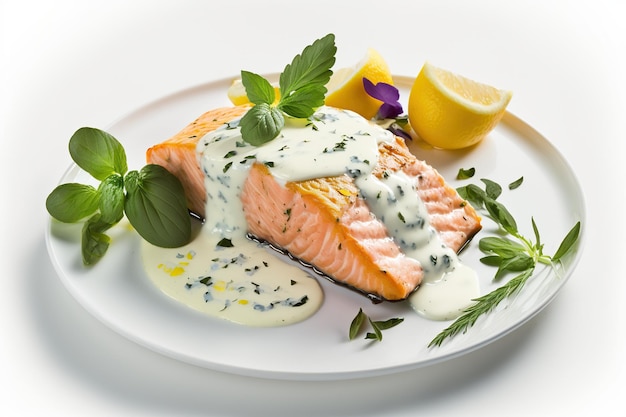 Salmón a la plancha con salsa de yogur y hierbas frescas sobre fondo blanco