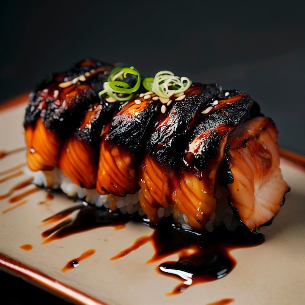 salmón quemado maki con salsa teriyaki