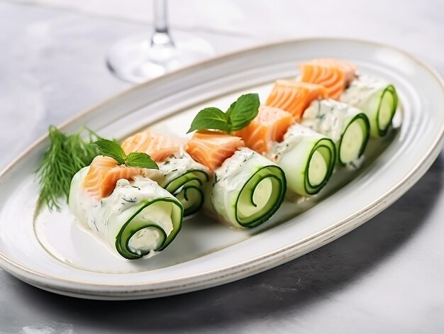 Foto salmón con rollos de pepino dieta ceto