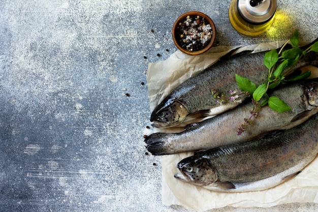 Salmón Salmón pescado crudo fresco con salsa pesto y especias culinarias Vista superior Espacio de copia