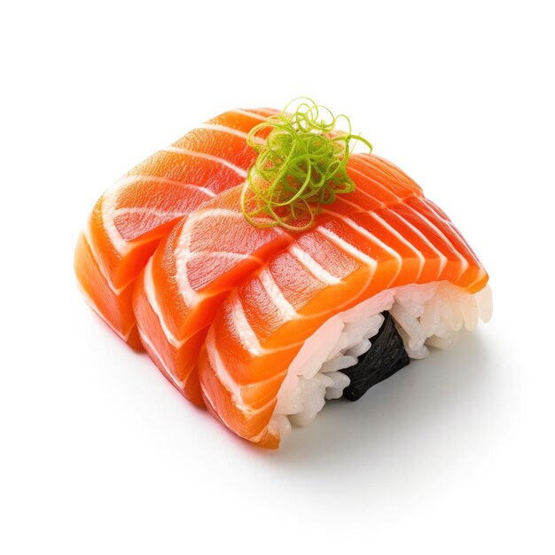 Foto un salmón de sushi sobre un fondo blanco