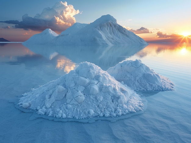 salmuera de lago en montones para la evaporación y sal evaporada amontonada para la recogida