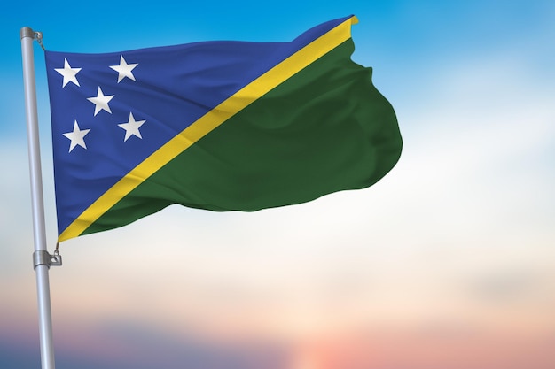 Foto salomão agitando a bandeira no céu azul com o emblema oficial do símbolo nacional