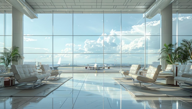 Salón del aeropuerto con aviones en el fondo por una imagen generada por ai