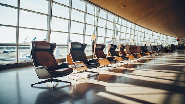 Salón del aeropuerto vacío con sillones de cuero