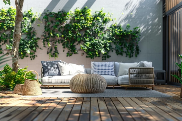 Salón al aire libre moderno con muebles de madera para la relajación