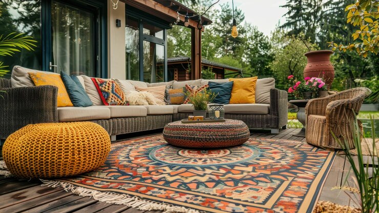 Salón al aire libre vibrante con cojines de colores asientos acogedores y decoración de jardín