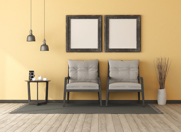 Salón amarillo retro con dos sillones de madera, mesa de café y marco de imagen en blanco - representación 3d