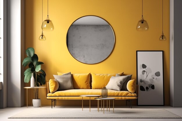 Un salón amarillo con un sofá amarillo y una planta en la pared.