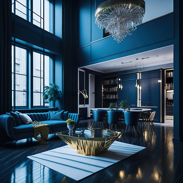 Salón azul con espacio libre con detalles dorados