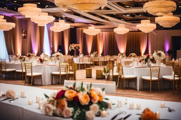 Un salón de baile con mesa y sillas y velas.