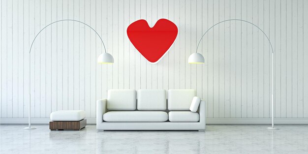 Salón blanco y corazón rojo renderizado 3d