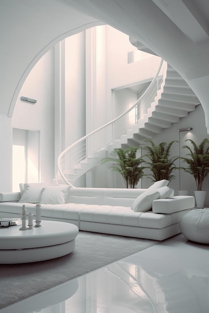 Un salón blanco con una escalera de caracol y un sofá blanco.
