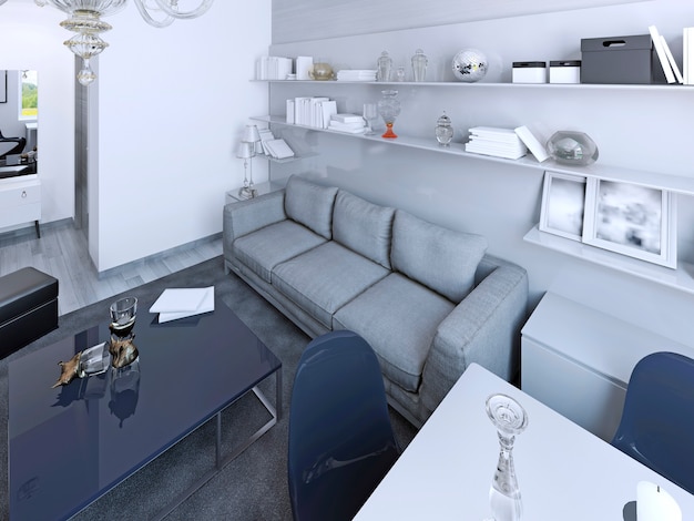 Salón blanco de estilo contemporáneo. Mesa de centro y sillas de color azul marino. Sistema de pared con baldas blancas. Render 3D