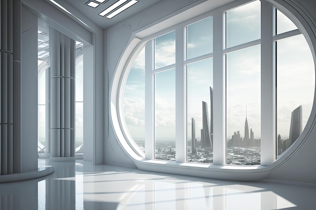 Foto salón blanco futurista con ventanas de vidrio y vista futurista del espacio de la ciudad u otros planetas