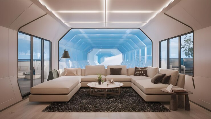 Salón blanco de gravedad cero Interior renderizado en 3D contemporáneo