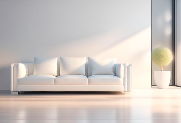 Salón blanco minimalista con un sofá blanco en estilo 3D