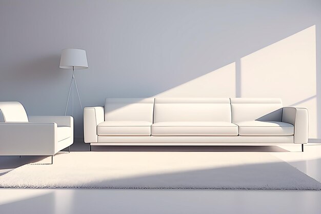 Salón blanco minimalista con sofá y sillón.