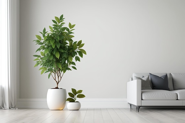 Salón blanco con planta verde