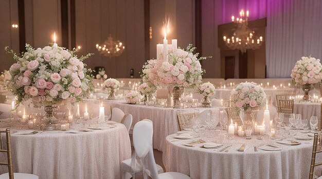 Salón de bodas decorado con velas, mesas redondas y centros de mesa.