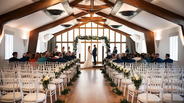 Salón de bodas filas de sillas festivas blancas para los invitados arco de bodas para la novia y el novio