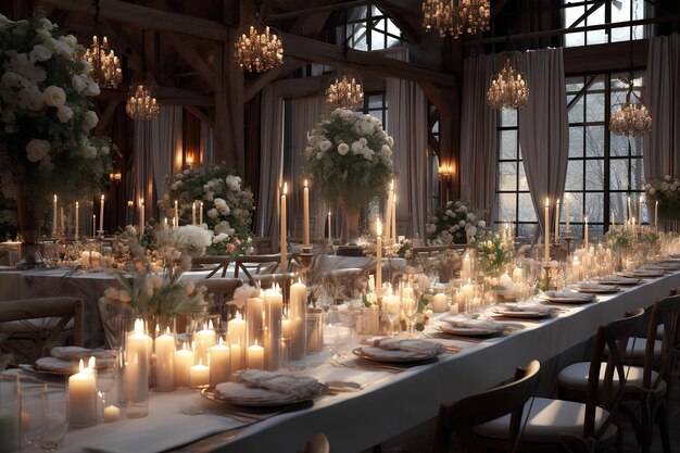 Salón de bodas con manteles blancos y velas y decoración floral