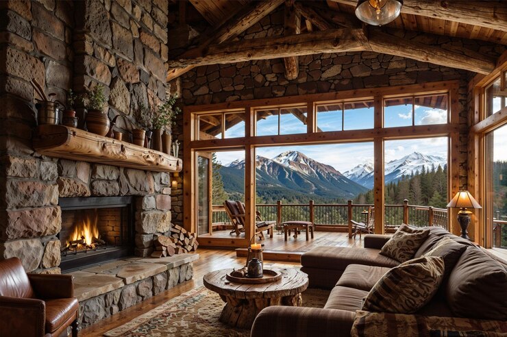un salón con chimenea y las montañas al fondo
