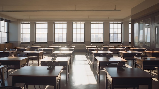 Un salón de clases con una fila de pupitres y ventanas que dicen "escuela de educación"