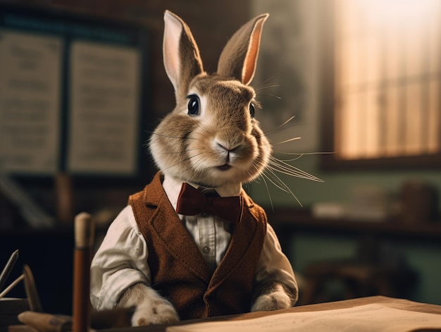 Un salón de clases con un gato con gafas y un maestro con una corbata de pollo.