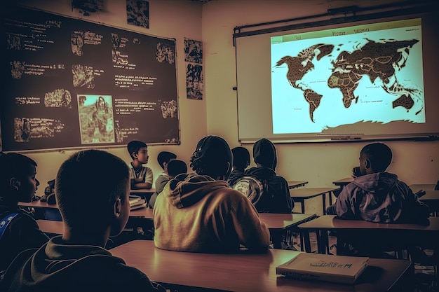 Un salón de clases lleno de estudiantes que aprenden geografía mientras el maestro señala un mapamundi colgado en la pared Generado por IA