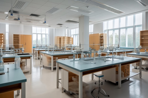 Un salón de clases con una mesa y sillas que tienen un letrero que dice 'laboratorio no. 1'