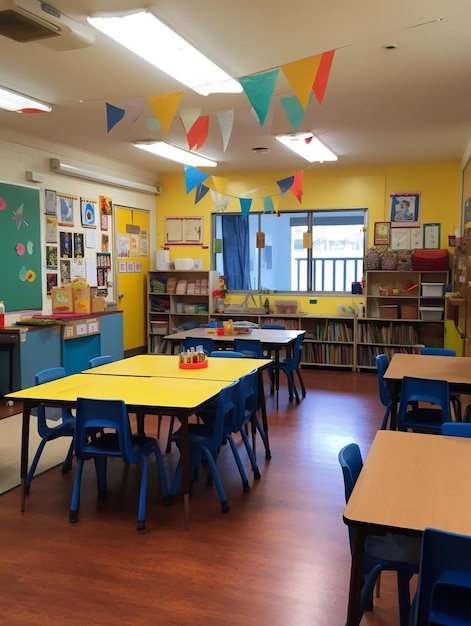 Foto un salón de clases con una pared amarilla con banderas colgando del techo.