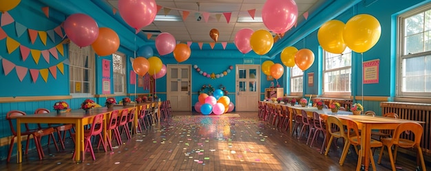 Foto el salón de clases transformado en un papel tapiz de espacio festivo