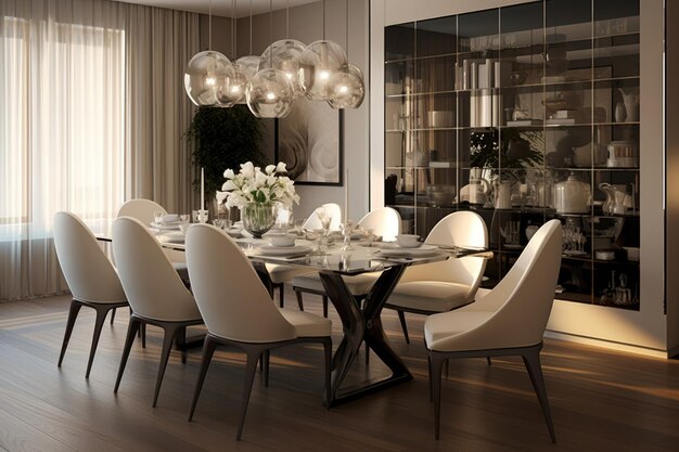 Salón de comedor amplio y luminoso con una gran mesa de madera