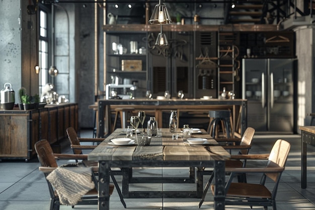 Salón de comedor chic industrial con metal y madera fu