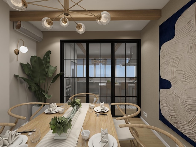 Foto salón del comedor de estilo mediterráneo y boho