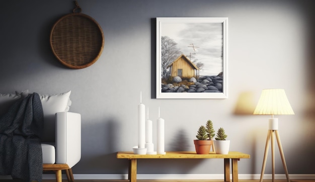 Un salón con un cuadro de una casa en la pared.