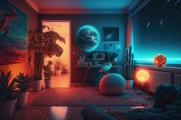 Salón con decoración de universo y espacio con luces led y neón AI